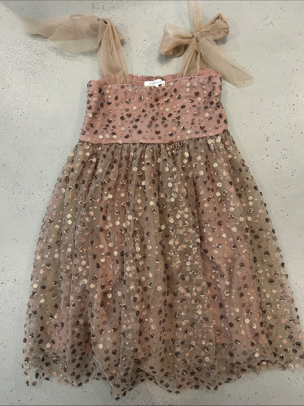Noralee size 6 Girls' Sparkle Tulle Dress with Tie Straps - champagne/ bronze